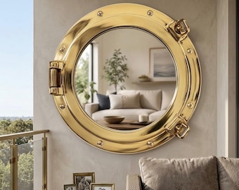 Polished Brass Porthole Mirror – Authentic Nautical Ship Window Wall Decor