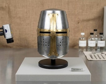 Medieval Crusader Helm | Polished Steel Templar Knight Helmet with Brass Cross