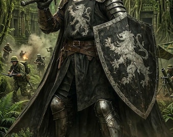 Gothic Medieval Knight Armor Set | Lion Crest Shield, Battle-Worn Steel Plate Armour