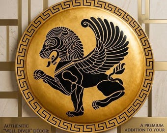 Greek Griffin Winged Lion Wall Decor – Gold Hellenic Shield Art, Mythology Replica