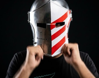 15th Century Sallet Helmet | Hand-Forged Steel Knight Visored Helm, Painted Heraldry
