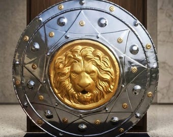 Golden Lion Head Round Shield | Roman Greek Armor Wall Display, Cosplay Prop