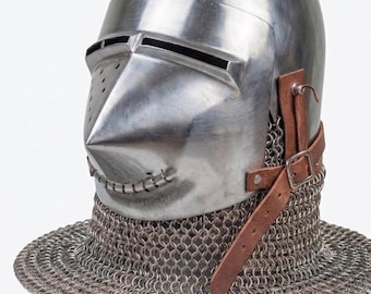 Medieval Hounskull Bascinet Helmet | 14th Century Knight Armor, Steel Chainmail Aventail