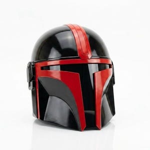 Casque de chasseur de primes de science-fiction | Heaume de mercenaire en acier fabriqué à la main | Armure de guerrier cyberpunk pour GN cosplay | Casque portable Galactic Knight Black Red