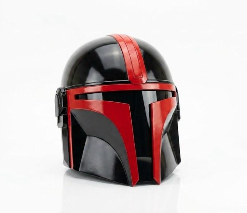 Casque de chasseur de primes de science-fiction | Heaume de mercenaire en acier fabriqué à la main | Armure de guerrier cyberpunk pour GN cosplay | Casque portable Galactic Knight Black Red