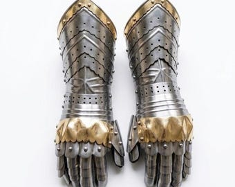 Handmade Steel Knight Gauntlets | Gothic Brass Accent Articulated Armor Gloves