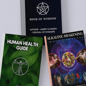 May include: Three books are displayed, including "Book of Wisdom" with a pentagram on a dark blue cover. "Human Health Guide" has a green cover with a human figure illustration. "Alkaline Awakening" features an artistic cover.