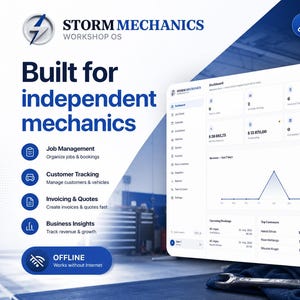 May include: A digital dashboard interface for Storm Mechanics Workshop OS software, featuring job management, customer tracking, invoicing, and business insights. The screen displays revenue charts, job status mix, and upcoming bookings in a clean layout.