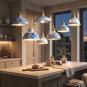 Blue Floral Ceramic Pendant Light, Vintage Farmhouse Lamp, Japandi Nordic Ceiling Light for Kitchen Island & Dining Room