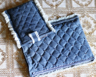 Quilted denim tablet sleeve e-reader case phone cover laptop sleeve sustainable frayed beaded embroidery stuffed upcycled