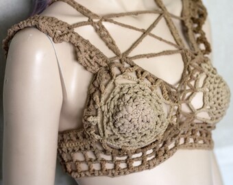 Crochete crop top bra bralette  in beige - unique item
