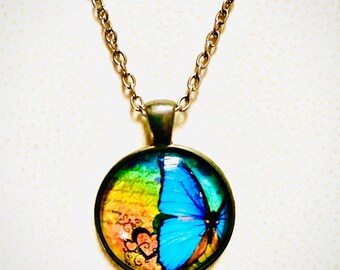 Butterfly Glass Pendant with silver linked chain necklace.
