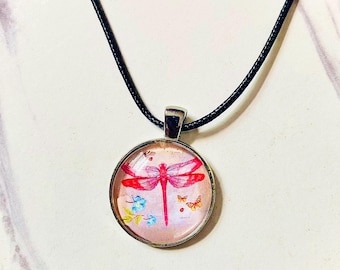 Dragonfly Glass Pendant with Black Leather Cord Necklace