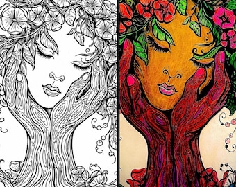 Páginas para colorear con motivos de personas, flores, flores y paisajes (hojas), descarga digital (PDF)