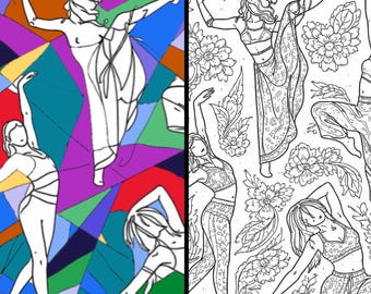 Dibujos para colorear para adultos con instrumentos musicales, movimientos de baile y canciones vocales (hoja). Descarga instantánea (PDF).