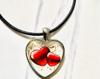 Red Heart Art Glass Pendant with Black Leather Necklace Cord