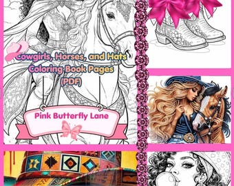 Páginas para colorear para adultos con temática de vaqueras, caballos y moda (hojas) - Descarga digital (PDF)