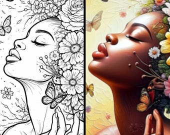 Dibujos para colorear de personas y mariposas para adultos (láminas), descarga digital instantánea (PDF).