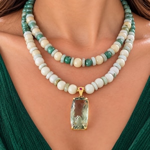 Halskette mit grünem Amethyst-Anhänger, Jadeit und Burma-Jade, Rubin-Akzent, vergoldetes 925er Silber, 3-fach tragbarer Layering-Kettensatz