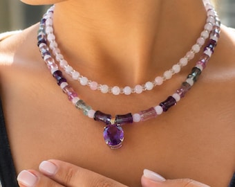 Natuurlijke regenboogfluoriet rozenkwarts maansteen kettingenset, 925 sterling zilveren amethist hanger & ring maat 8, unieke handgemaakte sieraden
