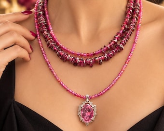 Pink Tourmaline Pendant Necklace, Rhodolite Garnet & Natural Garnet, 3 Layer Sterling Silver 925 Adjustable Necklace