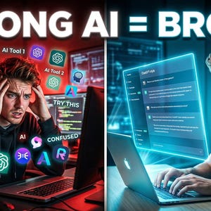 May include: A split-screen graphic with the text WRONG AI = BROKE. The left side shows a stressed individual at a computer surrounded by various AI icons and text labels like ERROR and CONFUSED. The right side shows a calm individual using a laptop.