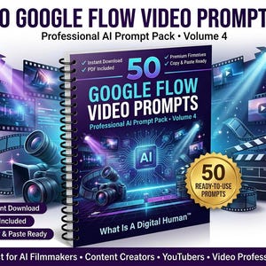 Könnte beinhalten: Ein spiralgebundener digitaler Leitfaden mit dem Titel 50 Google Flow Video Prompts Professional AI Prompt Pack Volume 4. Das Cover zeigt einen dunkelvioletten Hintergrund mit blauen Schaltkreisgrafiken, Kamerasymbolen und einem goldenen Siegel mit der Aufschrift 50 Ready-To-Use Prompts.