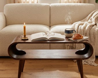 Solid Mango Wood Coffee Table, California Walnut Finish, Nordic Open Shelf Side Table, Modern Living Room Furniture, Handcrafted Wood Decor