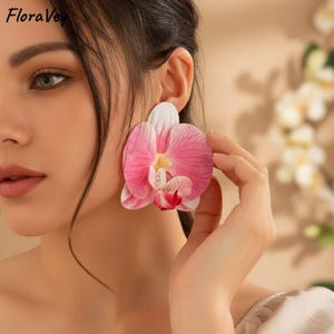 Pendientes de orquídea, pendientes llamativos, pendientes florales grandes, joyería veraniega atrevida, pendientes de flores coloridos para mujer