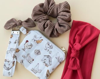Chicken Print Zipper Pouch, Headband, Scrunchie Set – Quilted Cotton Mom Accessory Bundle