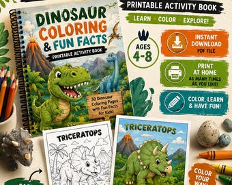 Dinosaur Coloring Book for Kids | Printable Learning Activity Pages | Instant Download for Busy Moms