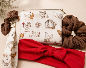 Chicken Mom Gift Set, Chicken Print Zipper Pouch, Wristlet, Headband & Scrunchie