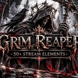 Może przedstawiać: Cyfrowa grafika przedstawiająca szkielet w kapturze trzymający kosę z czarnym krukiem siedzącym obok. Tekst brzmi GRIM REAPER 50+ STREAM ELEMENTS w metalicznej czcionce. Scena zawiera czerwone akcenty oraz zapalone świece w gotyckim otoczeniu.