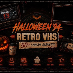 May include: A digital graphic set titled HALLOWEEN '94 RETRO VHS 50+ STREAM ELEMENTS featuring a dark background with a glowing jack-o'-lantern, a lit candle, a coffee cup with a ghost, two television screens, a VHS tape, and red neon icons.