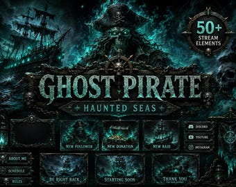 Paquete de superposiciones de transmisión de pirata fantasma / Superposición de Twitch de barco pirata embrujado / Paquete de transmisión OBS de pirata oscuro / Pantallas y alertas animadas
