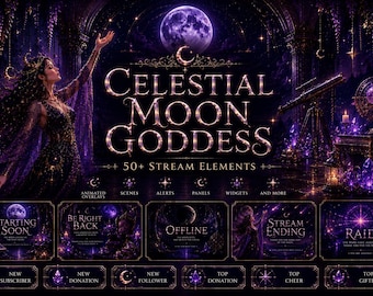 Celestial Moon Goddess Animated Stream Overlay Package | Twitch Overlay | Stream Screens, Alerts, Webcam, Panels & Widgets