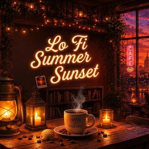 May include: A cozy cafe interior at sunset featuring a glowing neon sign that reads Lo Fi Summer Sunset. A steaming ceramic mug labeled Coffee Good Vibes sits on a wooden table alongside two lit lanterns, coffee beans, and a seashell.