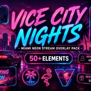 Puede incluir: Un paquete de superposiciones para streaming titulado VICE CITY NIGHTS con estética de neón, texto rosa y azul, un coche deportivo, palmeras y una ciudad. Incluye más de 50 elementos como marcos, un icono de flamenco y cajas.