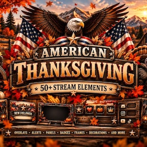 Op de afbeelding: Een digitale grafische set getiteld American Thanksgiving 50+ Stream Elements met een Amerikaanse zeearend, Amerikaanse vlaggen, herfstbladeren, pompoenen, een kalkoen en een rustieke schuur. Bevat overlays, alerts, panelen, badges en decoraties.