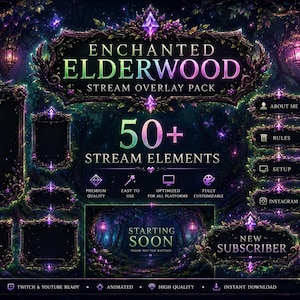 Könnte beinhalten: Ein digitales Stream-Overlay-Paket mit dem Titel Enchanted Elderwood, das Rahmen, Chat-Boxen und Schaltflächen in einem Waldthema in Dunkelviolett und Grün enthält. Das Set umfasst über 50 Elemente mit leuchtenden Kristallakzenten und verzierten Rändern.