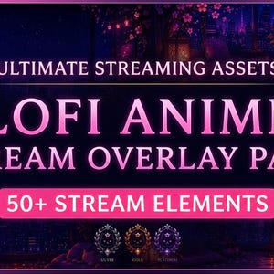 May include: A digital streaming asset pack titled ULTIMATE STREAMING ASSETS LOFI ANIME STREAM OVERLAY PACK 50+ STREAM ELEMENTS. The graphic features a dark purple and pink colour palette with cat icons, chat boxes, and text in English and Japanese.