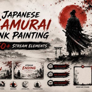 Könnte beinhalten: Ein digitales Grafikset mit einem japanischen Samurai-Tuschmalerei-Thema mit über 50 Stream-Elementen. Enthält Text-Overlays, Bildschirme für Stream-Start und -Ende, Webcam-Rahmen, Chat-Boxen und verschiedene Symbole mit roten und schwarzen Motiven.