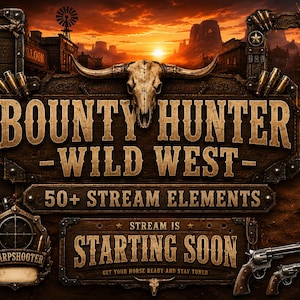 Peut inclure: Un ensemble de superpositions de flux numériques intitulé Bounty Hunter Wild West avec plus de 50 éléments. Le design présente des textures en bois sombre, un crâne de taureau central, des revolvers et des cadres sur le thème western.