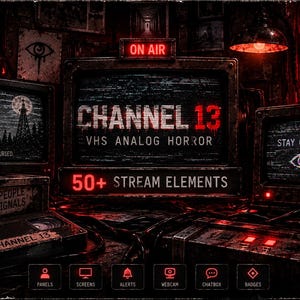 May include: A digital graphic featuring three vintage television sets displaying horror-themed imagery and text including Channel 13, VHS Analog Horror, 50+ Stream Elements, Stay Curious, and Same People Different Reality, with red lighting and dark textures.