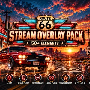 May include: A digital stream overlay pack featuring a red muscle car on a desert highway at sunset. The text reads Route 66 Stream Overlay Pack 50+ Elements. Below are eight circular icons labeled Screens, Alerts, Webcam Frames, Chatbox Frames, Social Panels, Subscriber Badges, Alert Labels, and Decorations.