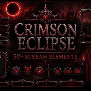 May include: A digital stream overlay set titled Crimson Eclipse featuring dark red and black gothic aesthetics. Includes text labels for Latest Raid, Top Cheer, New Follower, New Subscriber, and About Me, alongside various icons, frames, and banners.