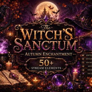 Peut inclure: Un graphique numérique intitulé The Witch's Sanctum Autumn Enchantment avec 50+ éléments de flux. Le design comprend une pleine lune, un château, un corbeau, un chapeau de sorcière, un grimoire, des potions violettes, des bougies et une citrouille.