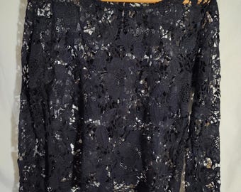 Vintage 2000's Mascara Large Black long sleeve Flower cut pattern zip back (D3)