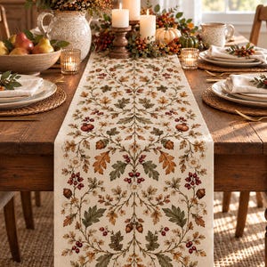May include: A rectangular table runner featuring a symmetrical botanical print on a cream-colored fabric. The design displays intricate illustrations of autumn leaves, acorns, small white flowers, and clusters of red berries arranged in a vine pattern.