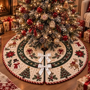 May include: A circular quilted Christmas tree skirt in cream fabric featuring embroidered motifs of snowmen, reindeer, Christmas trees, poinsettias, and gift boxes. The border is dark green with holly leaves, secured by two white satin bows.